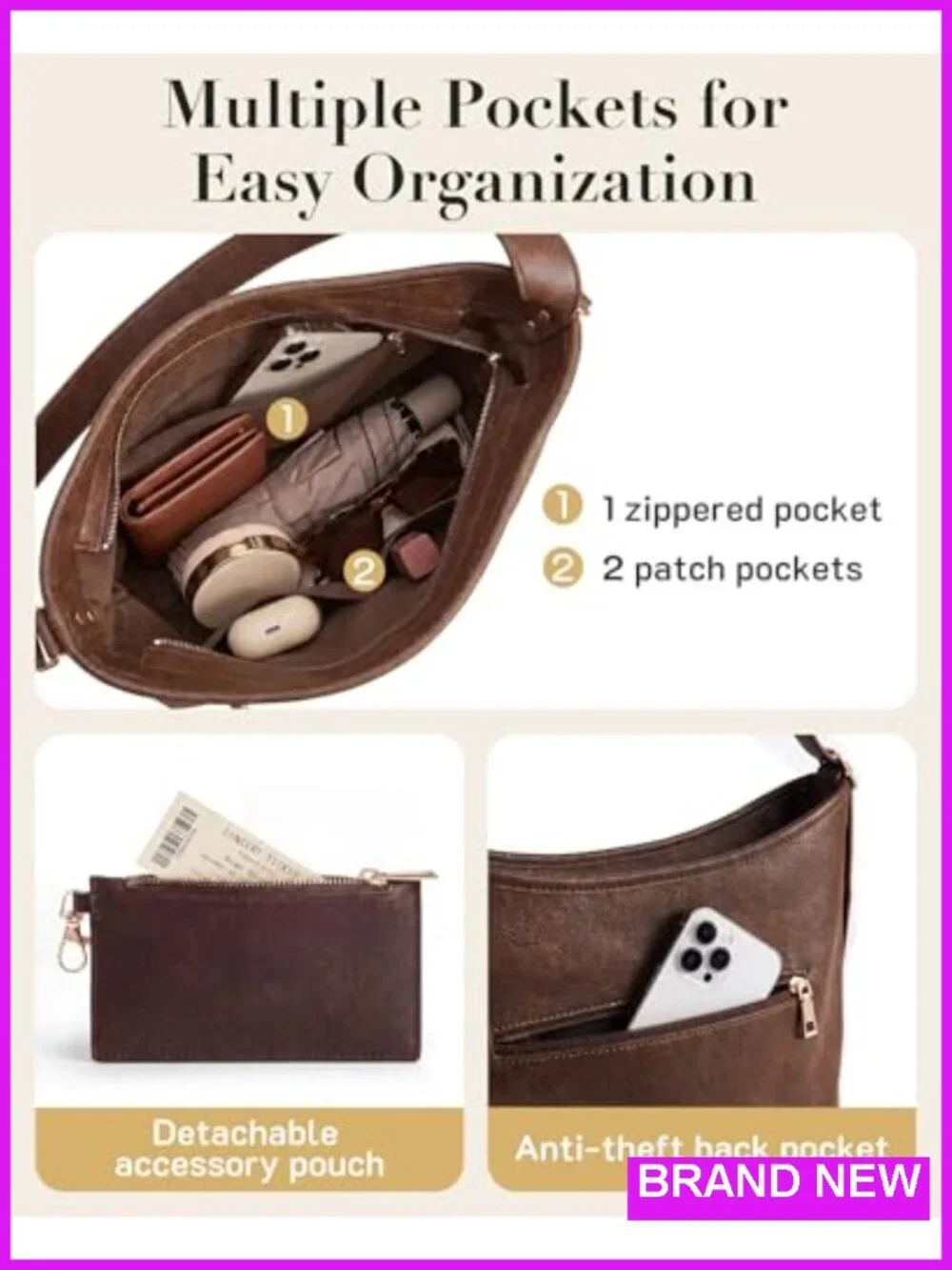 Hobo Bag for Women PU Leather Purses Multi-pocket Crossbody Handbags with